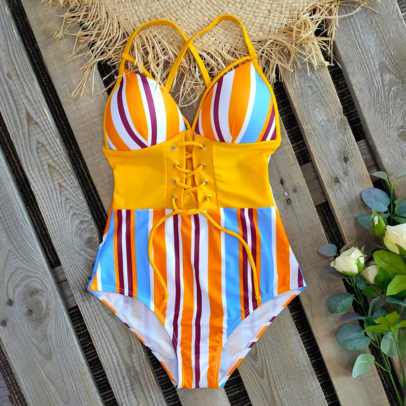 Voguable 2022 New Abdomen Control Wasit Push Up Swimsuit Print Swimwear Vintage Retro Bathing Suits Bodysuit Beach Wear Backless XXL voguable