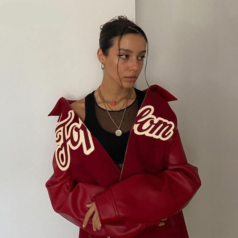 Voguable Pu Leather Letter Print Zipper Long Sleeve Loose Patchwork Jacket Autumn Winter Women Streetwear Outfits Y2K voguable