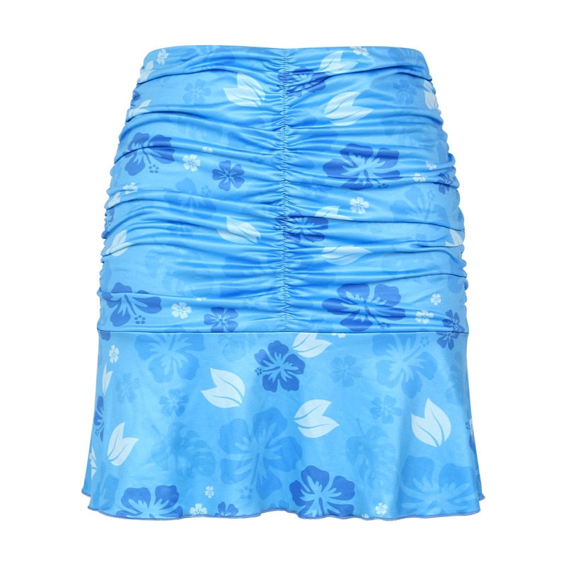 Women Boho Beach Skirts Summer High Waist Floral Printing Ruched Slim Short Mini Skirt A-line Bottoms Party Vacation Female voguable