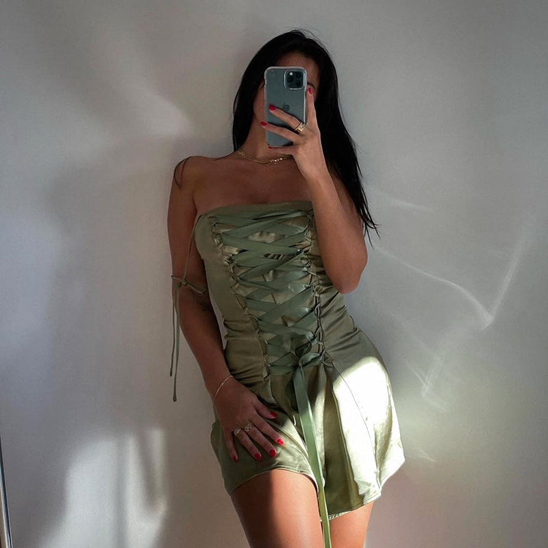 Bomblook 2021 Solid Charmeuse Bandage Backless Sleeveless Shirring Lace-up Dress Summer Women Woods Elves Style Streetwears voguable