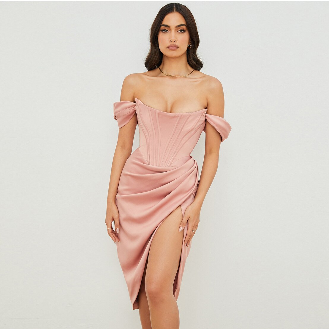 Off the Shoulder Satin Corset Draped Midi Dress Solid Quality Women Elegant Sexy Outfit Celebrity Birthday Party Dress voguable