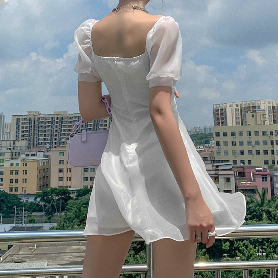 2021 Fashion Women Summer Sundress Dress Harajuku Korean Style Sexy Fairy White Mini Dress Casual Cute Kawaii Clothes voguable