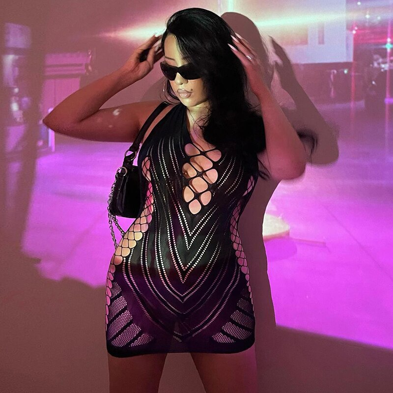 Voguable spring outfits 2022   Solid Halter Sleeveless Backless Mesh Hollow Out Mini Dress 2021 Summer Fall Bodycon Sexy Party Club Elegant Y2K voguable