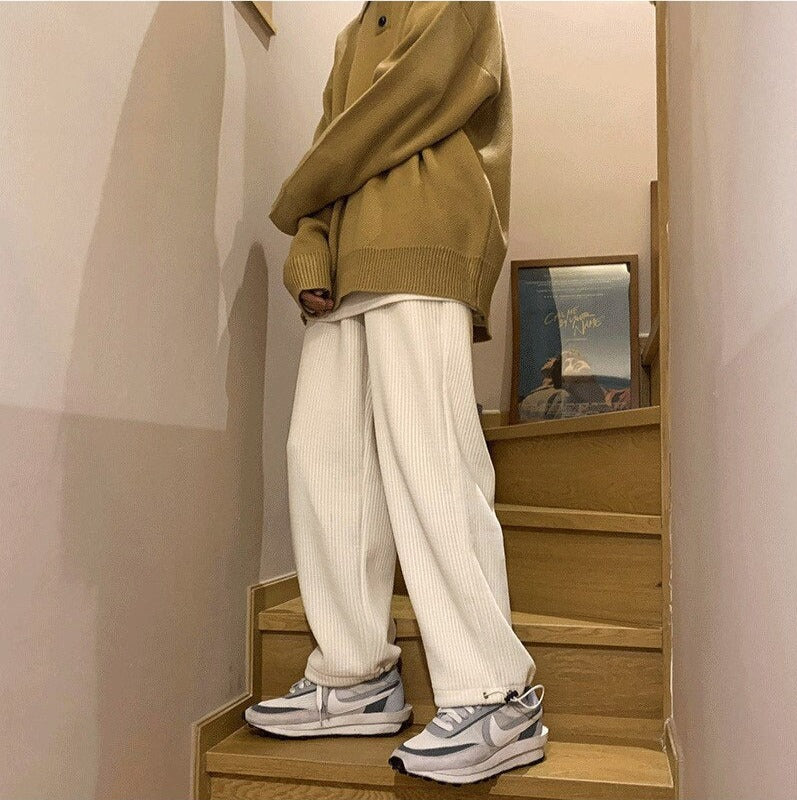 Voguable Man Casual Tie Leg Straight Pants Woman Corduroy Solid Color Oversize Trousers Man Warm Korean Streetwear Pants voguable