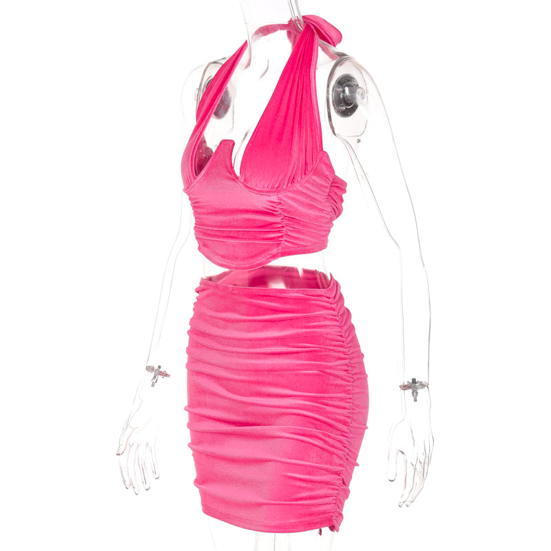 Voguable Velvet Halter Sleeveless Pleated Crop Top Mini Dress 2 Pcs Matching Sets 2022 Fall Bodycon Evening Party Elegant voguable