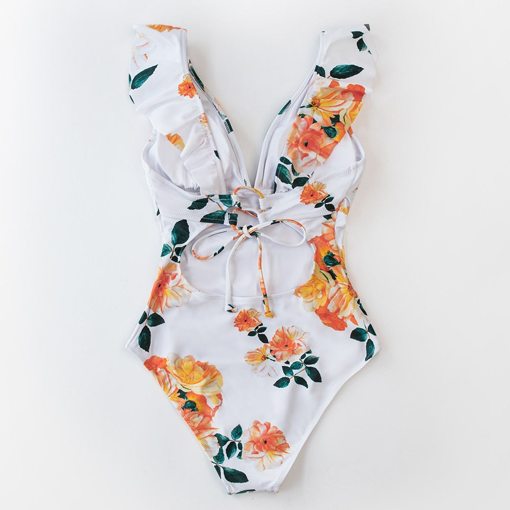 Voguable  Solid Black Ruffled One-piece Swimsuit Women Sexy Lace Up Monokini Swimwear 2022 New Girl Beach Bathing Suits voguable