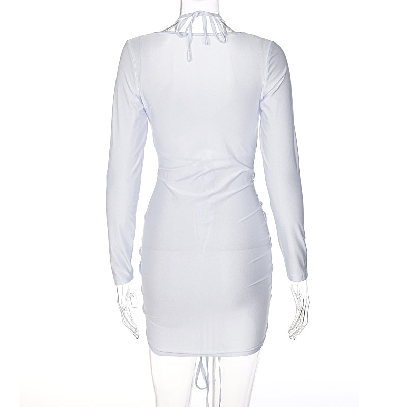 Voguable Long Sleeve Bandage Hollow Out Ruched Bodycon Mini Dress  Autumn Winter Women Fashion Y2K Slim Streetwear Elegant voguable