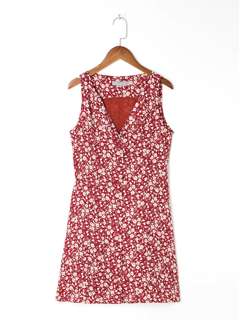 Summer Clothes For Women Elegant Vintage Floral Dress V Neck Sleeveless Button Back Waist Tie Mini Dress Vacation Beach Dress voguable