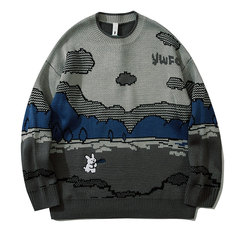 Voguable Harajuku vintage rabbit ugly sweater streetwear pullover men super cute anime knitwear sweating video hip hop grandpa sweater voguable