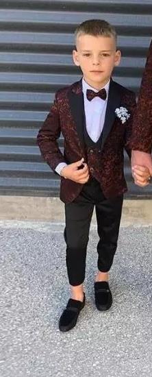Voguable 2022 New Burgundy Pattern Boy Mens Suits Slim Fit Wedding Grooms Tuxedos Peaked Lapel Formal Blazer Kid Prom Suit (Jacket+Pants） voguable
