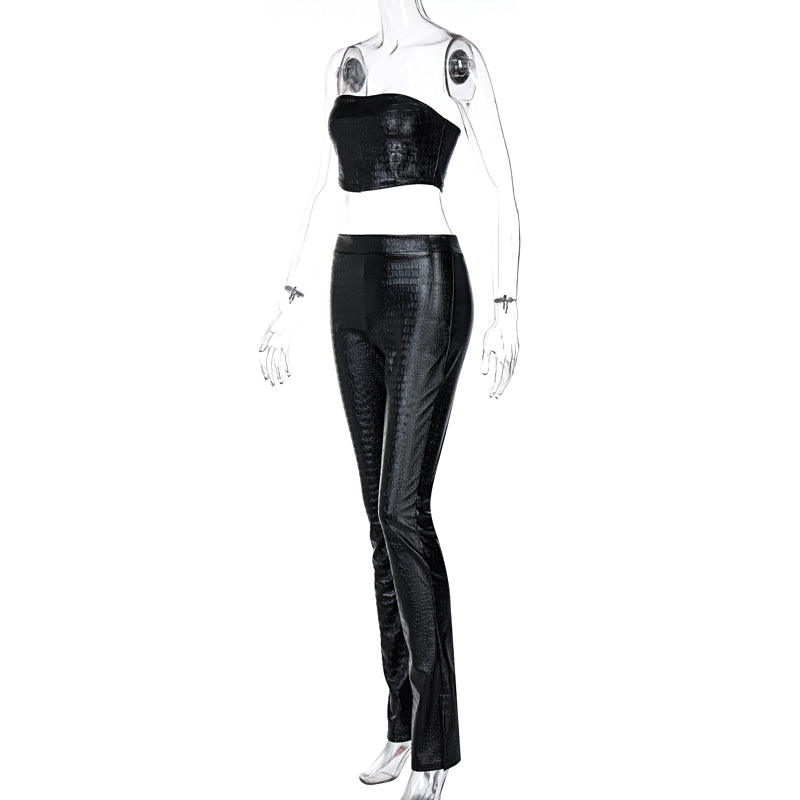Voguable Sleeveless Solid Pu Leather Backless Tube Top Leggings 2 Pieces Set Autumn Winter Women Sexy Streetwear Tracksuit voguable