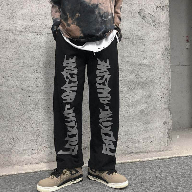 Voguable Casual gothic punk pants men clothes bottom Korean wild loose wide-leg elastic waist dark letter print sports trousers streetwea voguable
