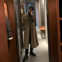 Korean Trend Men's Loose Casual Single-breasted Overcoat Autumn Winter Fashion New Long Sleeve Woolen Long Coat voguable