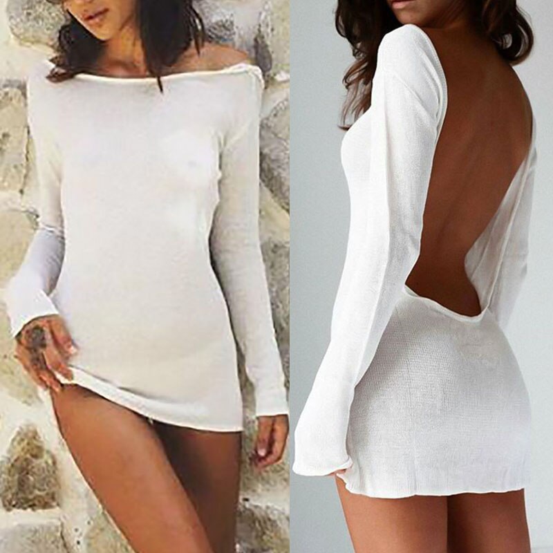 Sexy Solid White beach cover up sarong summer bikini cover-ups pareo beach dress Mesh Backless Mini Dress voguable