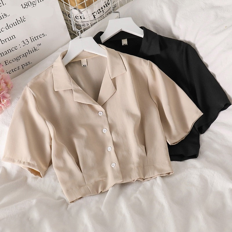 Voguable  Shirts Women Notched Crop Top Simple New Summer Ladies All-match Chic Elegant Ulzzang Harajuku Fashion Solid Chiffon Design Slim voguable