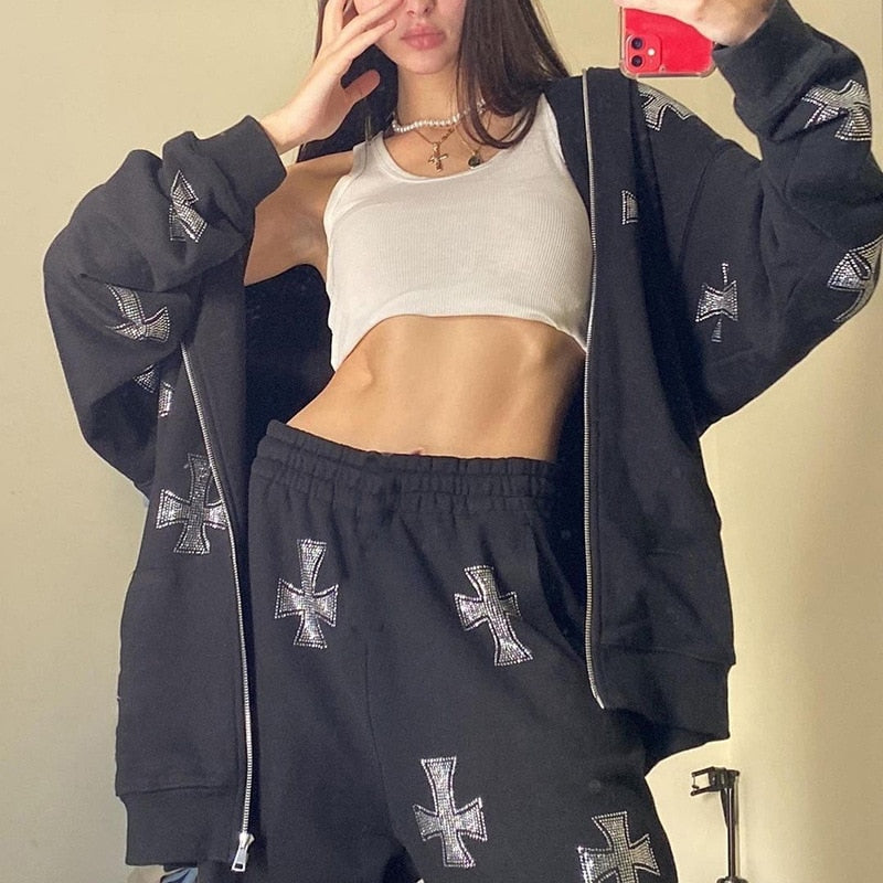 Voguable 2022 Winter Goth Rhinestone Y2K Zip Up Oversized Sweatshirts  Hoodies Pull Grunge Hooded Women Retro Jacket Streetwear Coat voguable
