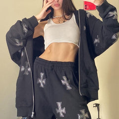 Voguable 2022 Winter Goth Rhinestone Y2K Zip Up Oversized Sweatshirts  Hoodies Pull Grunge Hooded Women Retro Jacket Streetwear Coat voguable