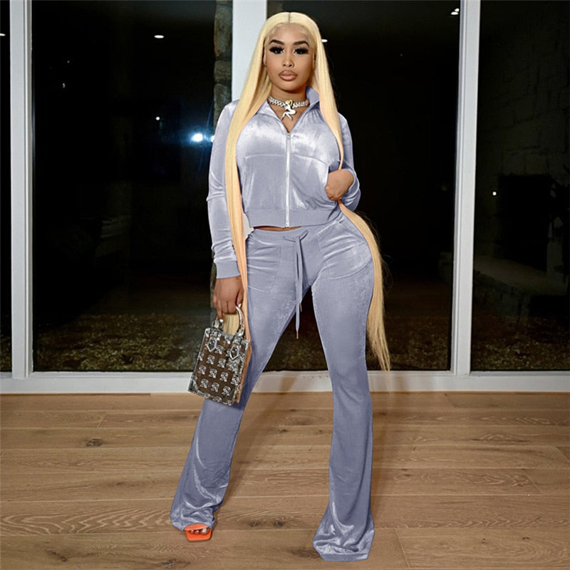 Voguable  Simple Casual 2 Piece Set Women Solid Velour Zipper Long Sleeve Turtleneck Top Lace Bandage Slim Female Wide Leg Pants voguable