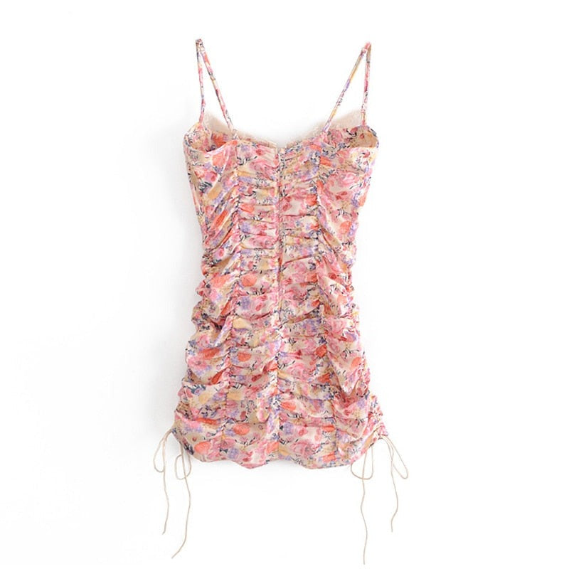 Voguable  Sweet Floral Print Sling Sexy Dress Women Chic Lace Trim V Neck Sleeveless Draped  Bodycon Mini Dress Party Robe Femme voguable