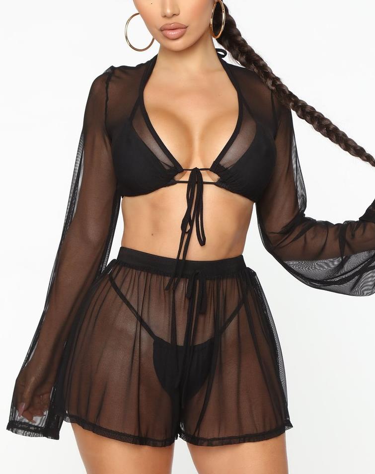 Voguable  2pcs Women Long Sleeve Cover-ups Sets Bikini Cover Up Summer Ladies Sexy Top + Swim Shorts Beach Ladies Swimsuits Bathing Suit voguable