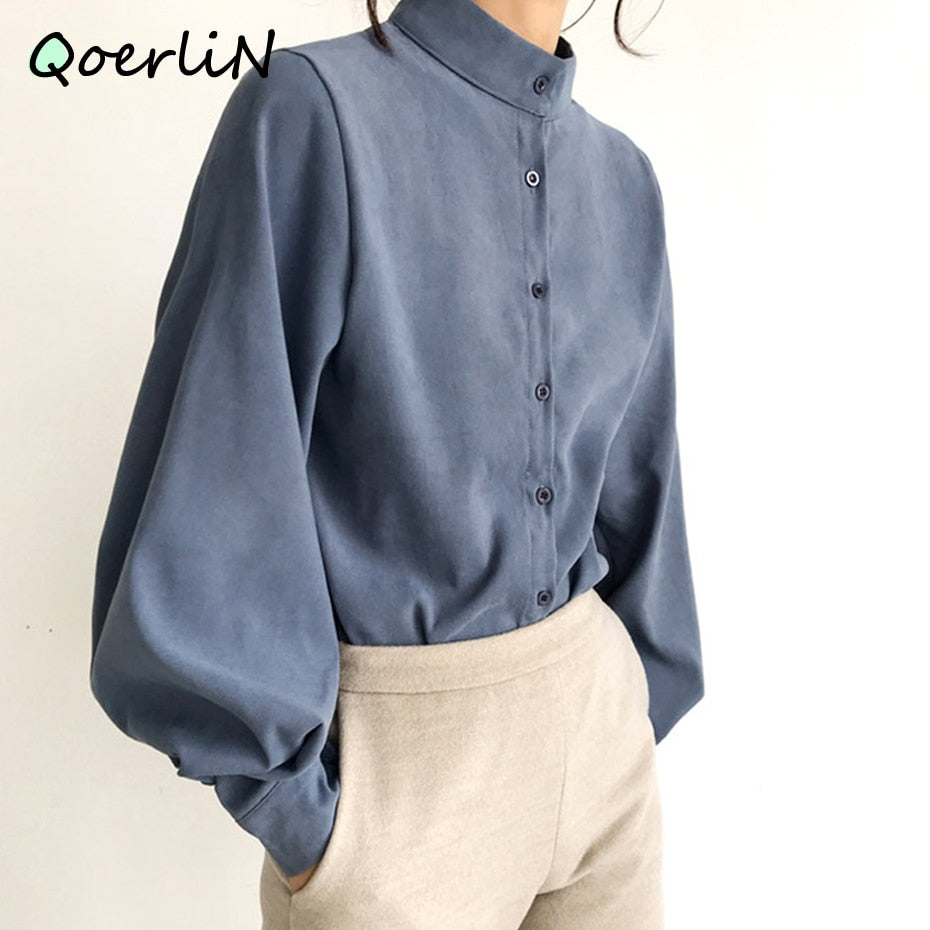 Voguable  Big Lantern Sleeve Blouse Women Autumn Winter Single Breasted Stand Collar Shirts Office Work Blouse Solid Vintage Blouse Shirts voguable