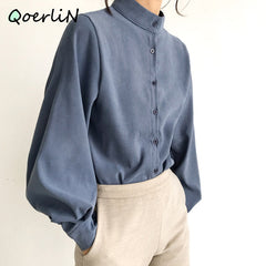 Voguable  Big Lantern Sleeve Blouse Women Autumn Winter Single Breasted Stand Collar Shirts Office Work Blouse Solid Vintage Blouse Shirts voguable