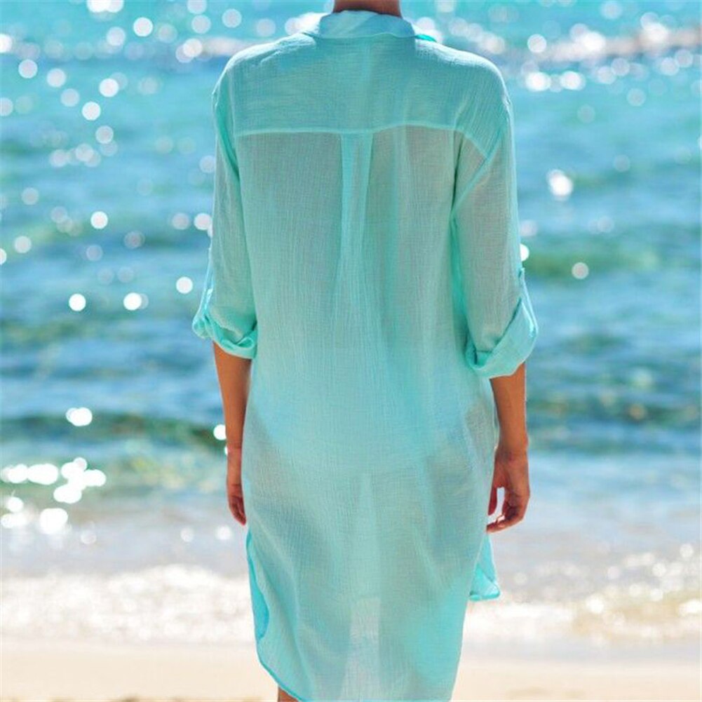 Voguable  Summer Sexy Women Beach See-through Sundress Long Sleeve Shirt Dress Bikini Cover-Ups Lady Swimwear Cover-Ups Beachwear voguable
