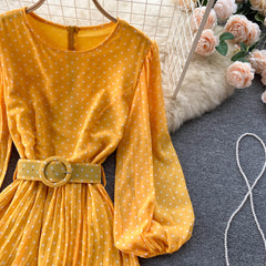 Autumn Women Brown/Purple/Yellow Polka Dot Chiffon Pleated Long Dress Vintage O-Neck Puff Sleeve Draped Vestidos Female New voguable