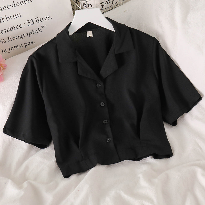 Voguable  Shirts Women Notched Crop Top Simple New Summer Ladies All-match Chic Elegant Ulzzang Harajuku Fashion Solid Chiffon Design Slim voguable