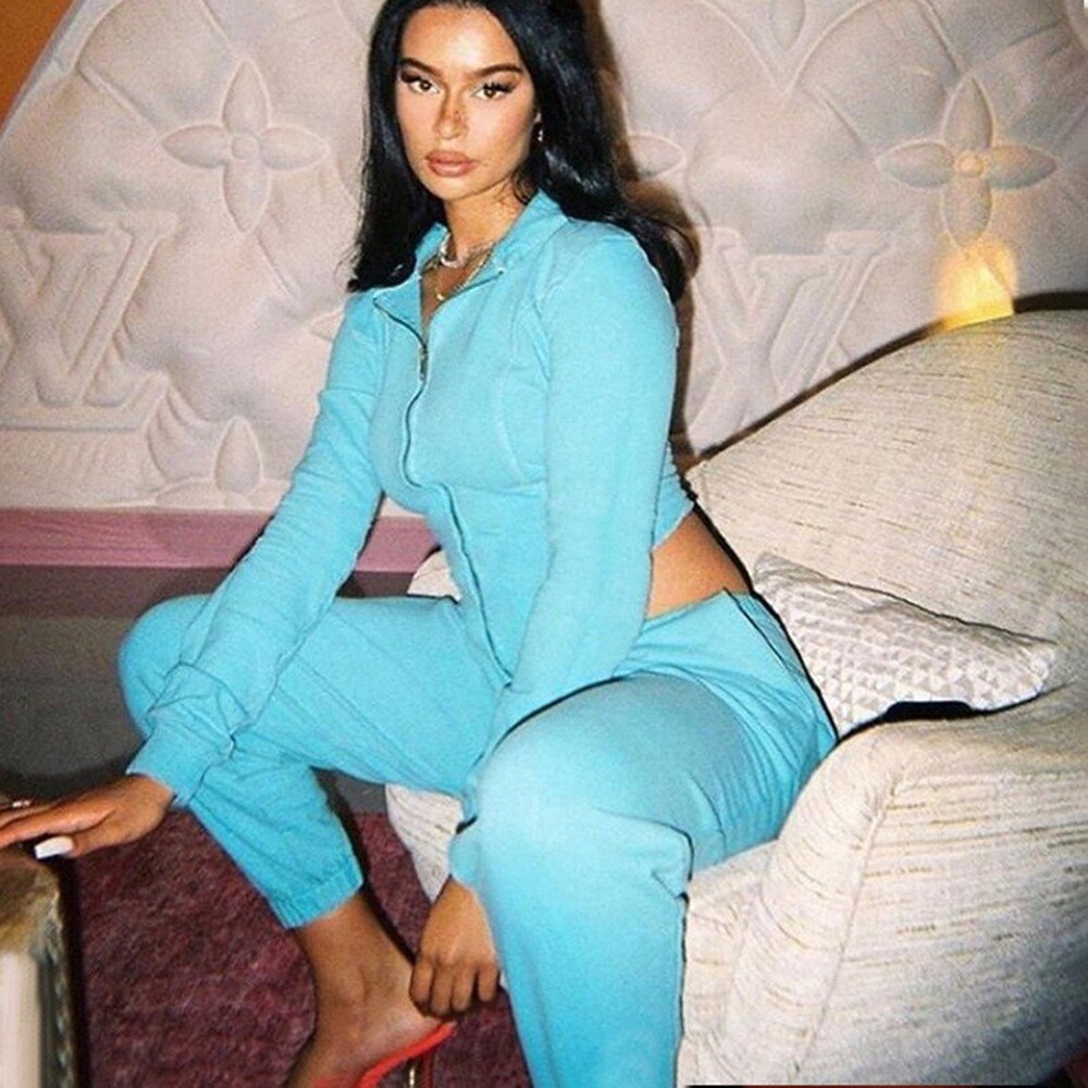Voguable  Woman 2 Piece Outfits V-neck Zipper Long Sleeve Corset Top + Pants Sets Fashion Tracksuit Matching Sets Jogging Female Plus Size voguable