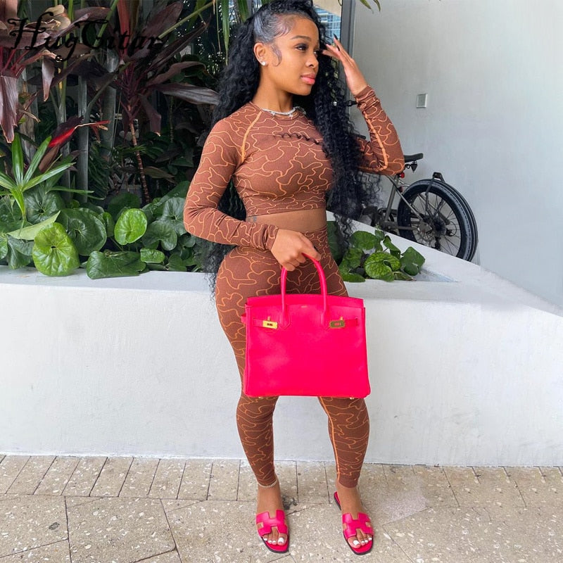 Voguable   2022 Summer Print Long Sleeves Slim Navel Top Leggings Set Bodycon Sexy Party Elegant Club Y2K Robe Beach voguable