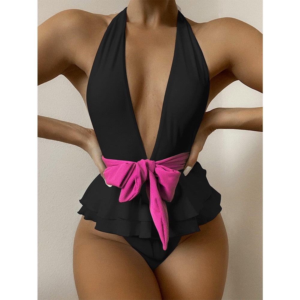 Voguable 2022 New Sexy One Piece Swimsuit Female Solid Women Swimwear Push Up Bathing Suits Bodysuits Beach wear Deep V-neck Monokini voguable