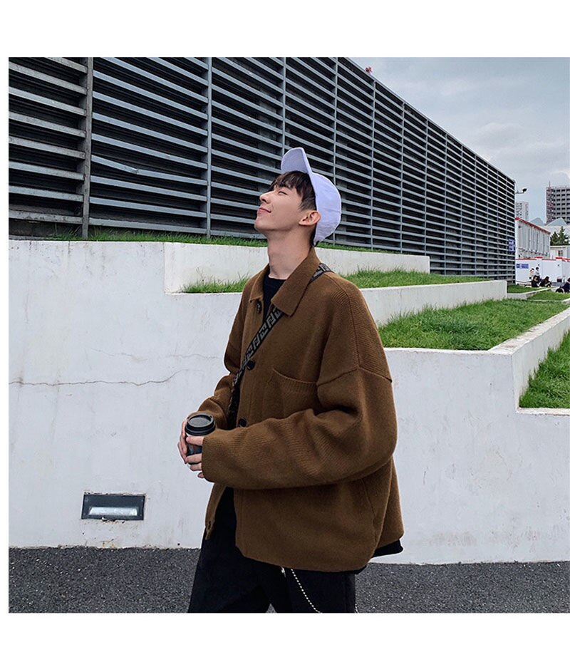 Voguable Oversize Cardigan Men Thick Ins Autumn and Winter Retro Loose Casual Button Solid Color Couple Knit Mens Cardigan Sweater Coat voguable