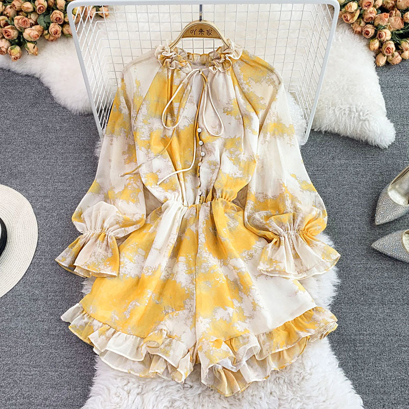 Bohemian Women Tie Dye Printed Chiffon Romper Female Elegant Ruffle V-Neck Wide Leg Jumpsuits Casual Yellow/Purple Playsuit New voguable