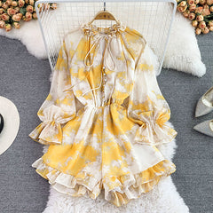 Bohemian Women Tie Dye Printed Chiffon Romper Female Elegant Ruffle V-Neck Wide Leg Jumpsuits Casual Yellow/Purple Playsuit New voguable