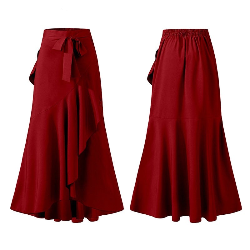 Voguable Long Skirt 2022 Fashion Women Fishtail Maxi Skirts High Waist Belted Party Jupe Sexy Casual Loose Holiday Ruffles Skirts voguable