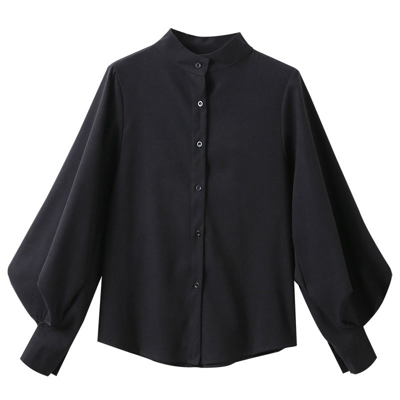 Voguable  Big Lantern Sleeve Blouse Women Autumn Winter Single Breasted Stand Collar Shirts Office Work Blouse Solid Vintage Blouse Shirts voguable