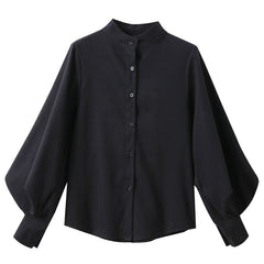 Voguable  Big Lantern Sleeve Blouse Women Autumn Winter Single Breasted Stand Collar Shirts Office Work Blouse Solid Vintage Blouse Shirts voguable