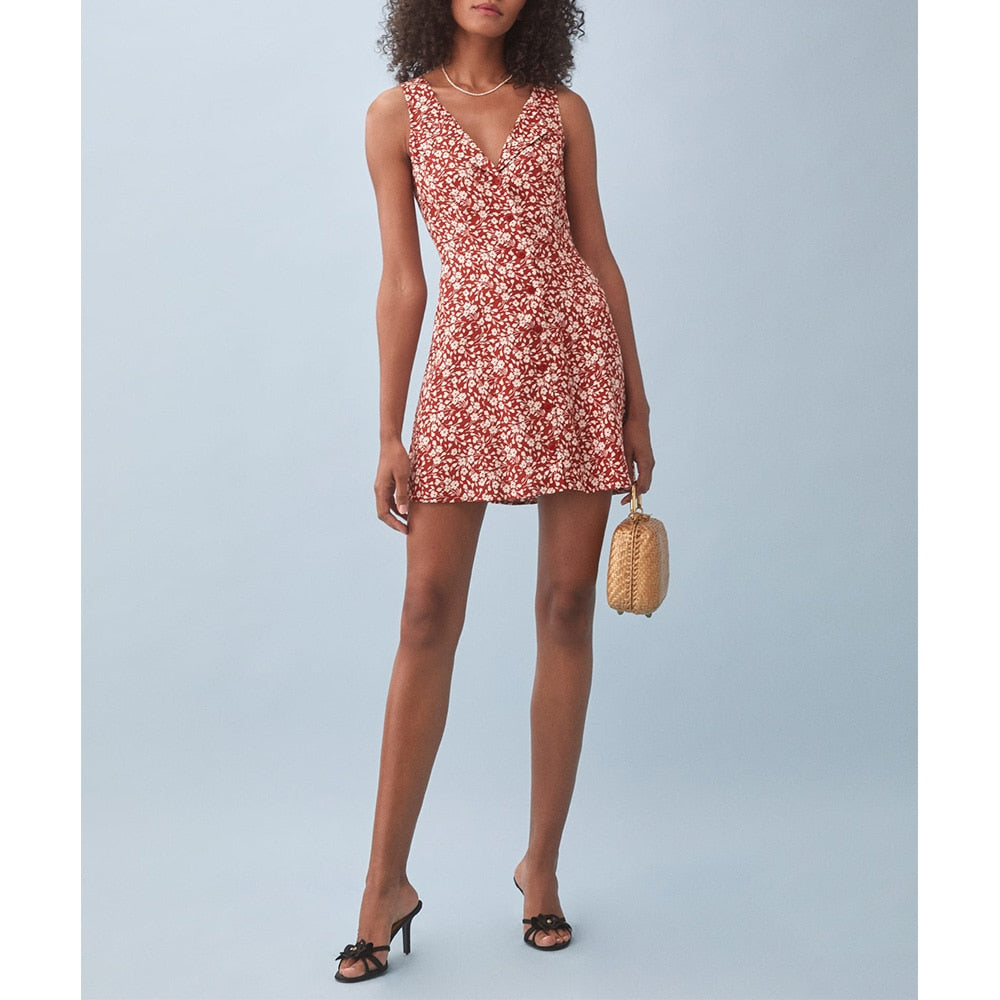 Summer Clothes For Women Elegant Vintage Floral Dress V Neck Sleeveless Button Back Waist Tie Mini Dress Vacation Beach Dress voguable