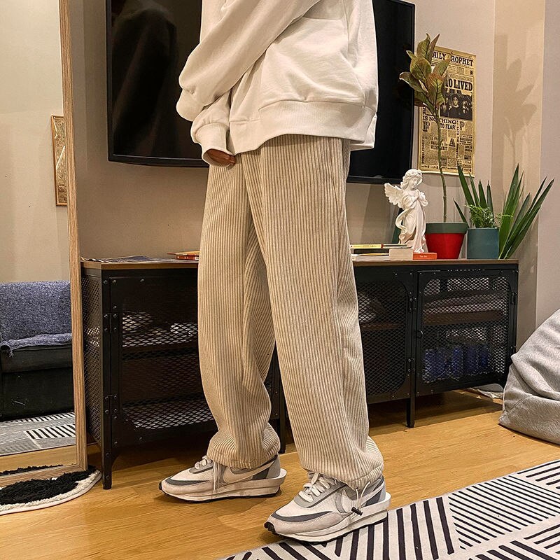 Voguable Man Casual Tie Leg Straight Pants Woman Corduroy Solid Color Oversize Trousers Man Warm Korean Streetwear Pants voguable