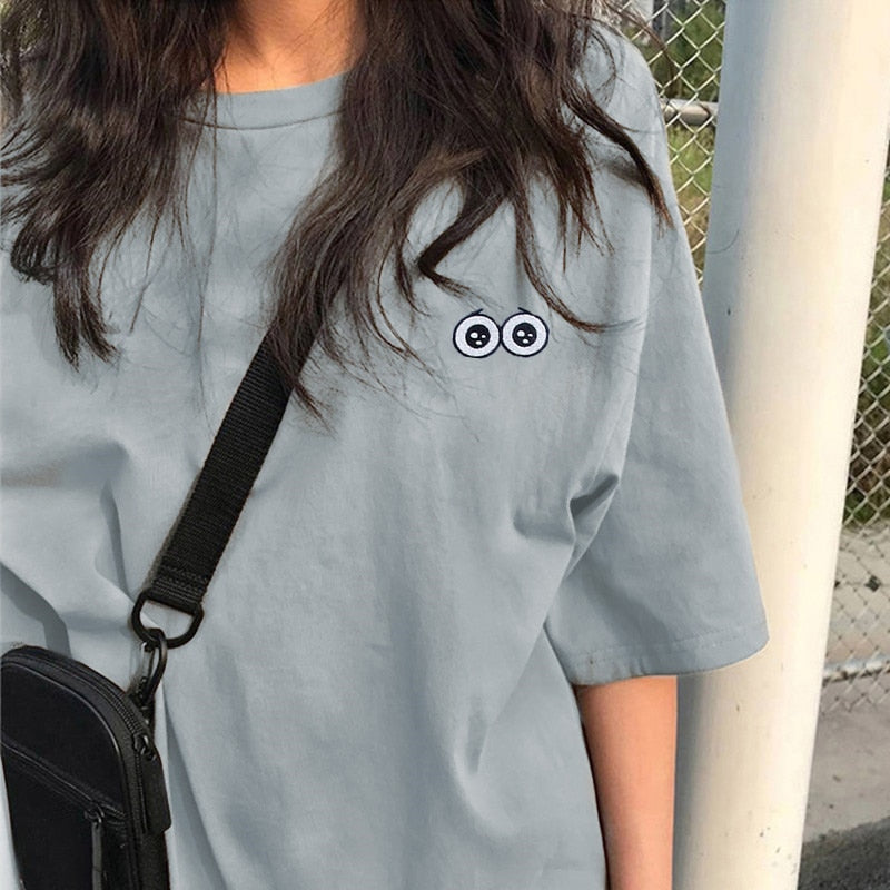 Voguable  BF Style Women T Shirt Short Sleeve O-neck Female Tops Tees Embroidery Solid Color Casual Loose Summer tshirt  New voguable