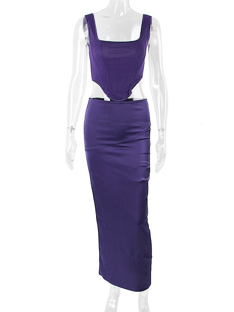 Purple Corset Satin Square Neck Crop Top And Draped Midi Dress Sets Slim Long Skirt Suits Two Piece Sets Womens Outfits voguable