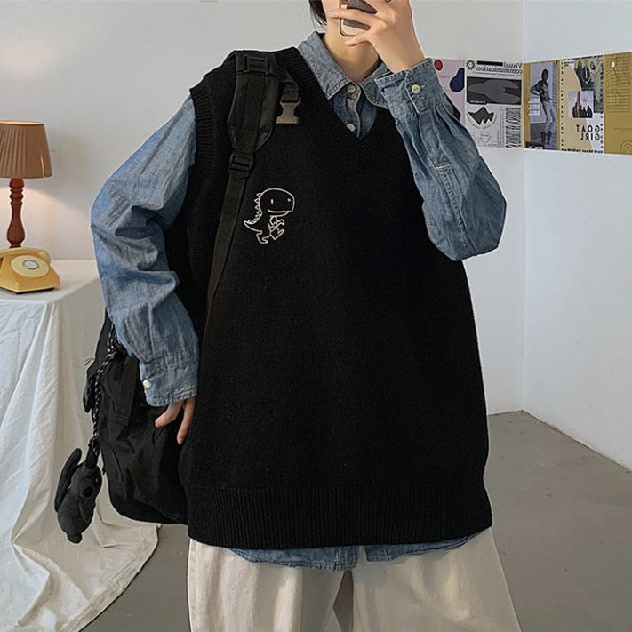 Men Printed Sweater Vests Loose Knitted Students Unisex Couple Daily All-match Fashion Leisure Males Jumpers Outwear Soft Chic voguable