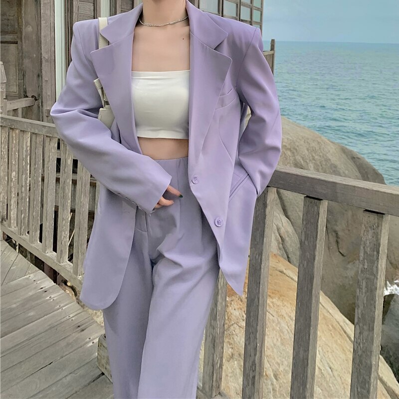 Spring Autumn Purple Blazer Sets Women Two Piece Set Long Sleeve Suit Jacket and Straight Wide Leg Pant Office 2 Piece Outfits voguable