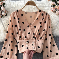 Voguable  Women Polka Dot Shirts Vintage Double Breasted Long Sleeve Slim Tops Spring Fashion Korean White Short Blouses 2022 voguable