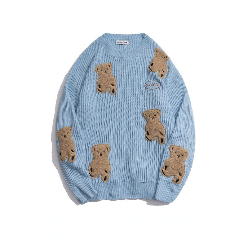Voguable Patch Bear Knitted Sweaters Harajuku Sweater Cartoon  Pullover Men 2020 Winter Retro Oversized Unisex Couple Streetwear voguable
