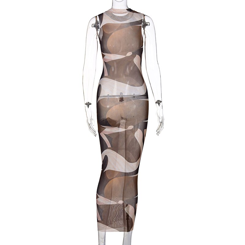 Voguable   Sleeveless Patchwork Print Mesh See Through Skinny Dress Summer Women Fashion Sexy Club Party Outfits voguable