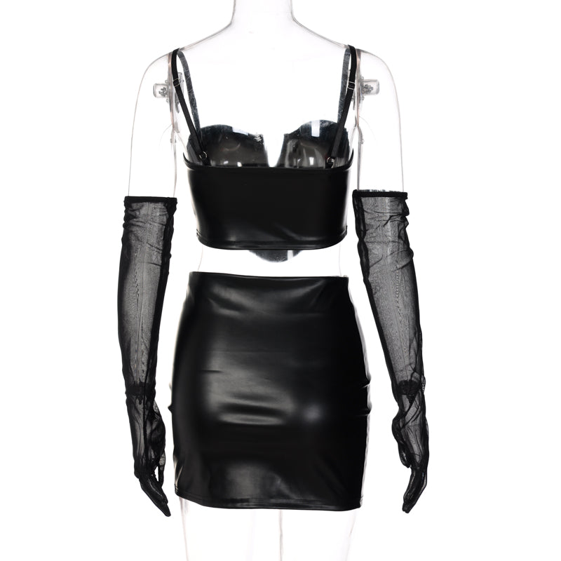 Hugcitar Pu Leather Slip With Detachable Sleeve Backless Sexy Crop Top Mini Dress 2 Pieces Set 2022 Fall Winter Women Party Y2K voguable