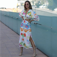 Floral Print Boho Autumn Cotton Linen Slit Maxi Long Dress S/4 Batwing Sleeve V Neck Wiast Cut Out Midi Dress Vestidos voguable