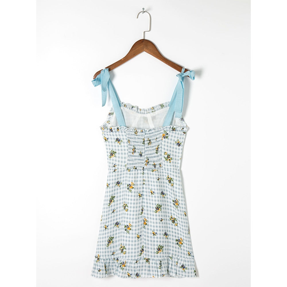 Casual Dresses For Women Elegant Sweetheart Neck Sleeveless Tie Strap Summer Dress Floral Print Plaid Ruffle Hem Mini Dress voguable